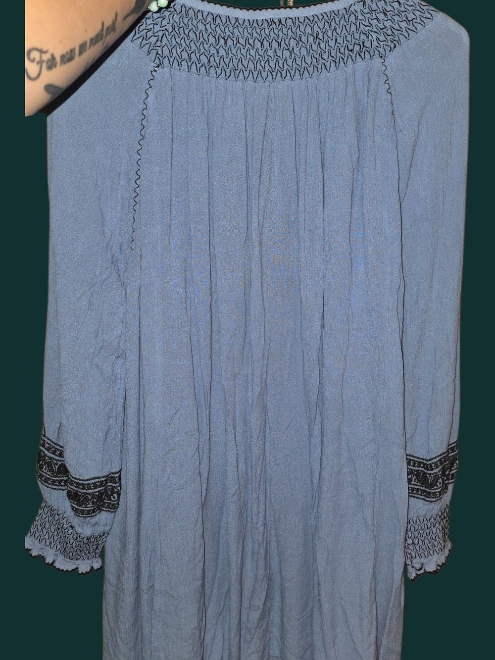 Free People Powder Blue Embroidered Peasant Dress with Green Detailing - Picture 4 of 7